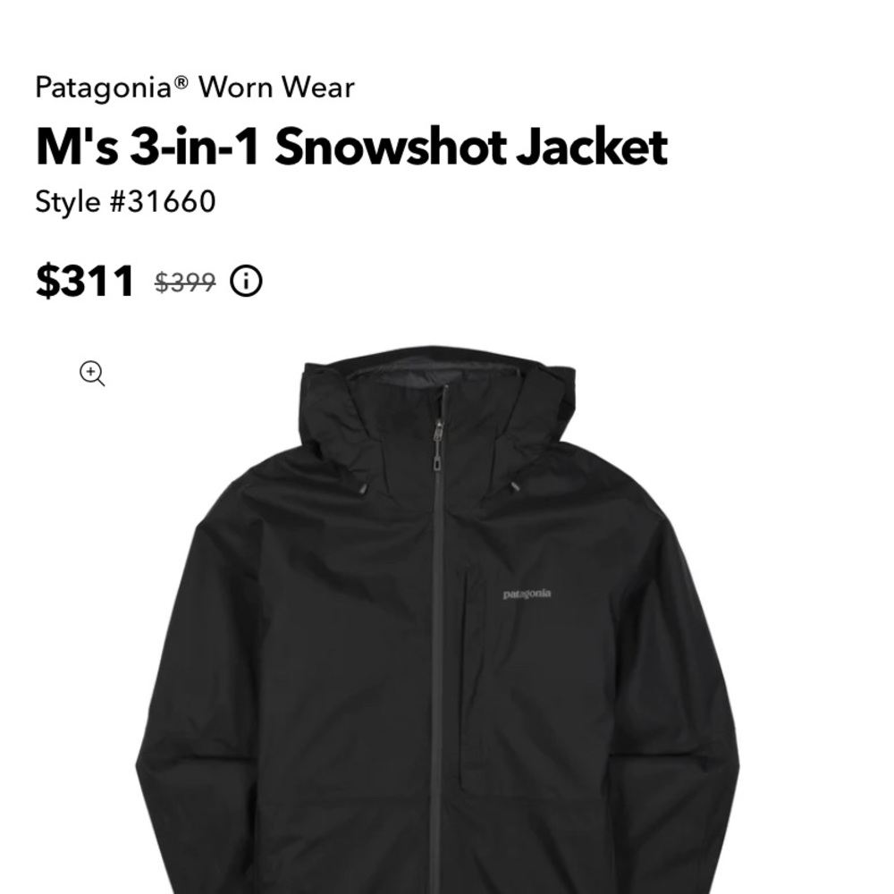 MEDIUM PATAGONIA Mens 3 in 1 jacket.  Black- great condition weather proof-ski